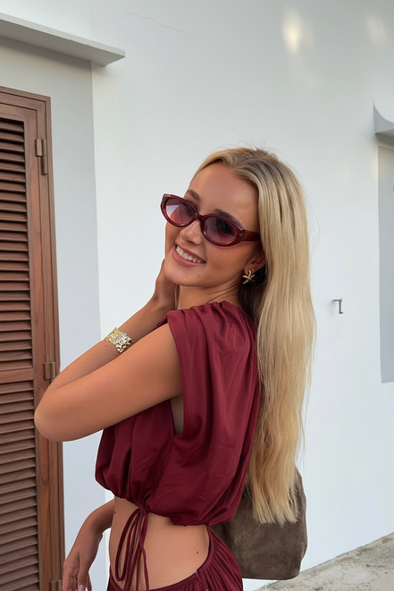 Retro Kırmızı Oval Kadın Güneş Gözlük Uv400 Koruma