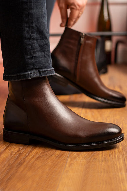 %100 Hakiki Deri Kovboy Model Chealse Kahverengi Erkek Bot